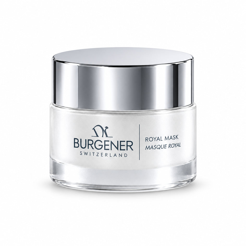 Skincare jar of Royal Mask with Dr  Burgener Switzerland logo on a reflective surface