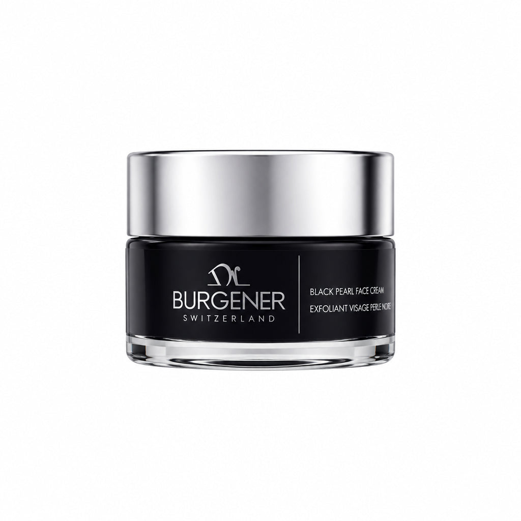 Dr Burgener Switzerland Black Pearl Face Cream in a glass jar with silver top