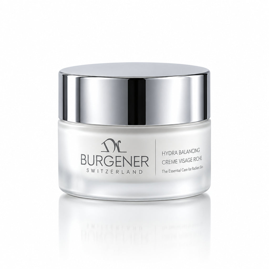 Dr Burgener Switzerland Skincare jar with silver lid on a reflective gray background