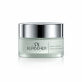 Skincare jar with Dr Burgener Switzerland green caviar cream branding on a reflective silver background