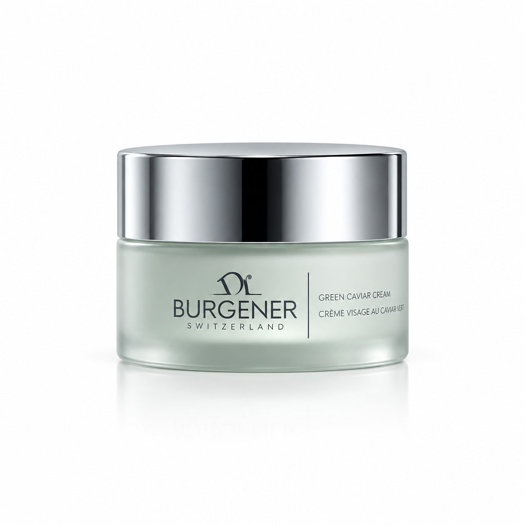 Skincare jar with Dr Burgener Switzerland green caviar cream branding on a reflective silver background