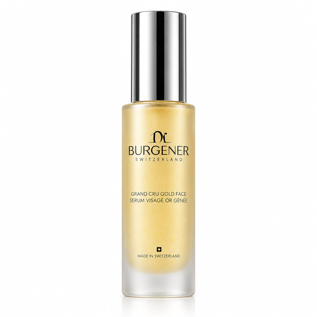 Dr Burgener Switzerland bottle of Cru Gold Face Serum with silver top
