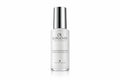 A bottle of Dr Burgener Switzerland Radiance + Contour Gel standing upright on a glossy, reflective surface. The bottle is frosted white with a metallic silver cap, set against a stylized, abstract background of flowing white and silver liquid waves and light rings.