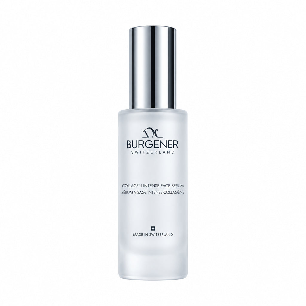 Dr Burgener Switzerland Collagen Intense skincare serum bottle on a reflective silver background