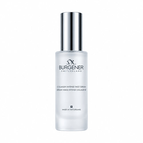 Dr Burgener Switzerland Collagen Intense skincare serum bottle on a reflective silver background