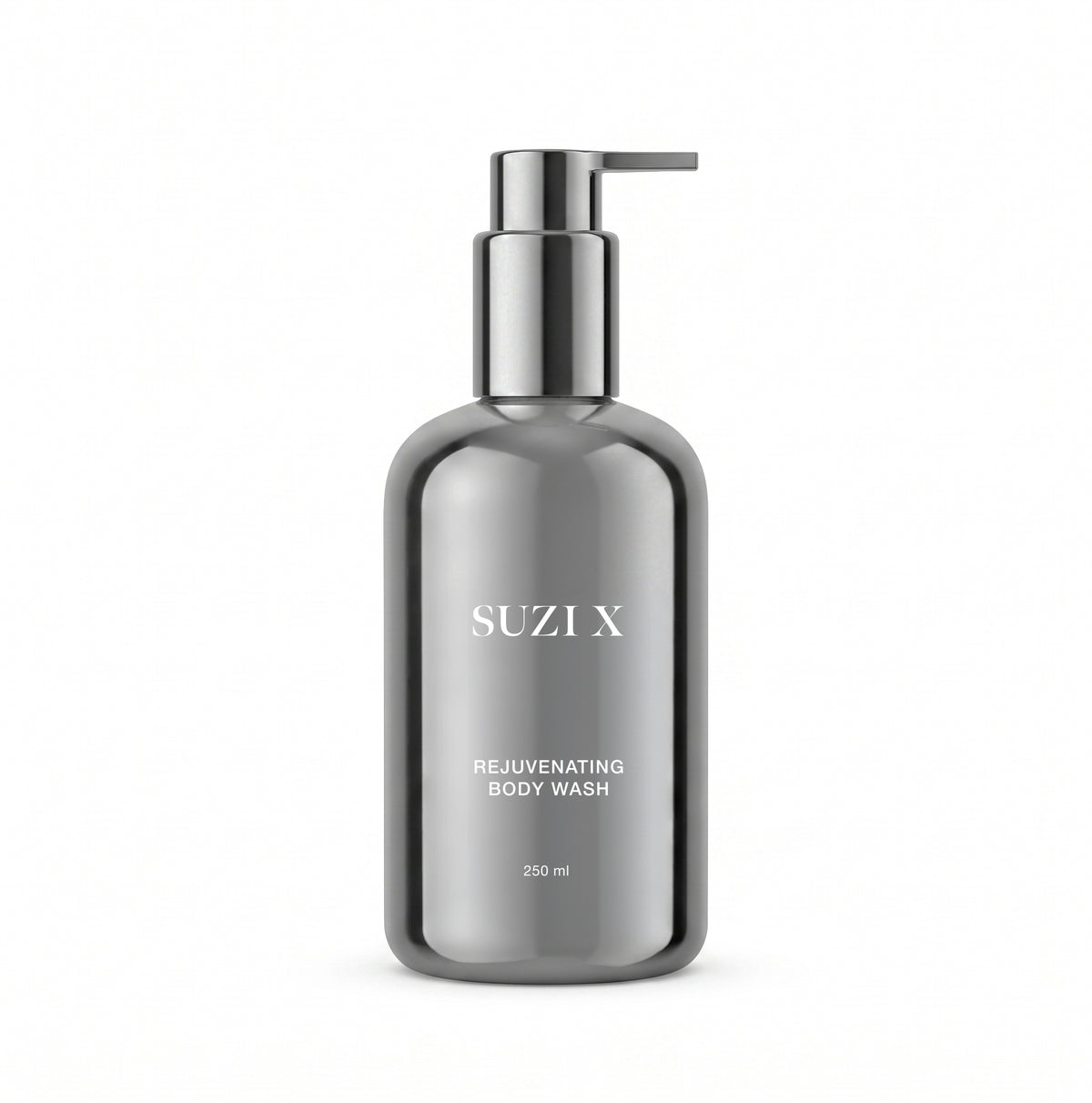 Suzi X black bottle of rejuvenating body wash with pump