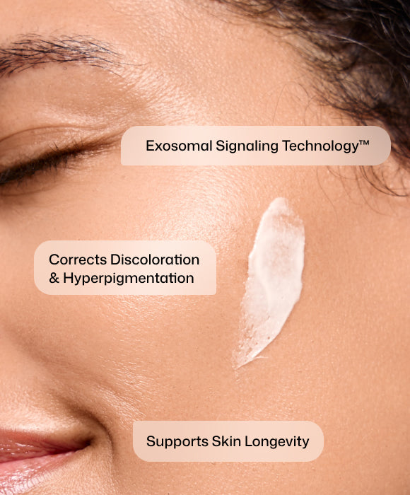 Face with a white cream and text showing the benefits 