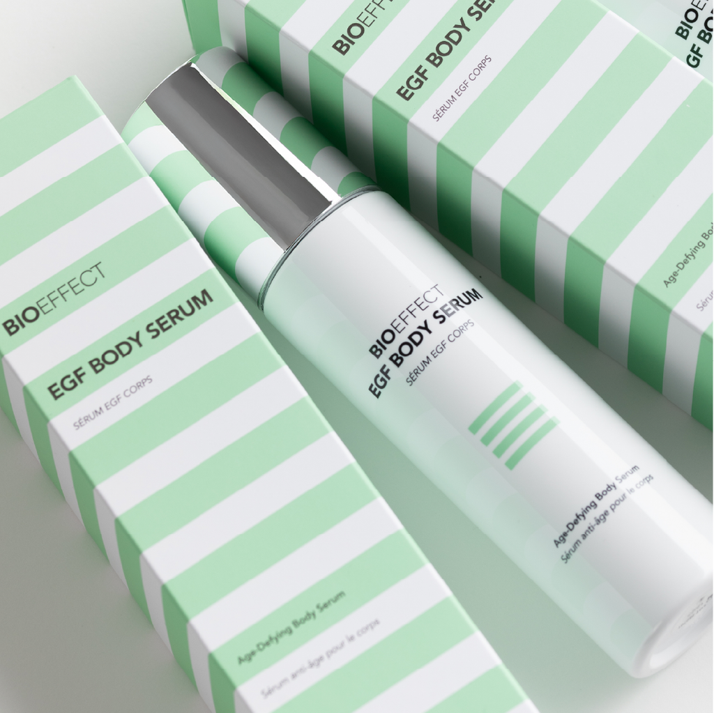 BIOEFFECT EGF Body Serum with green and white striped boxes on a light gray background