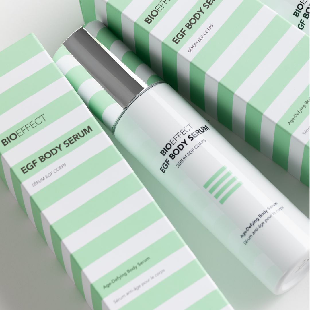 BIOEFFECT EGF Body Serum with green and white striped boxes on a light gray background