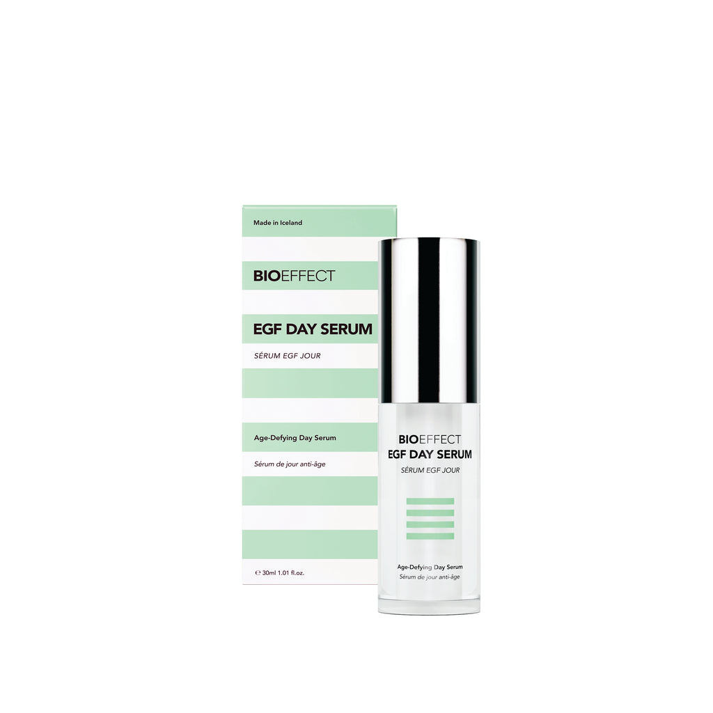 BIO EFFECT EGF Day Serum bottle with a reflective silver cap next to its light green and white product box, set against a plain white background.