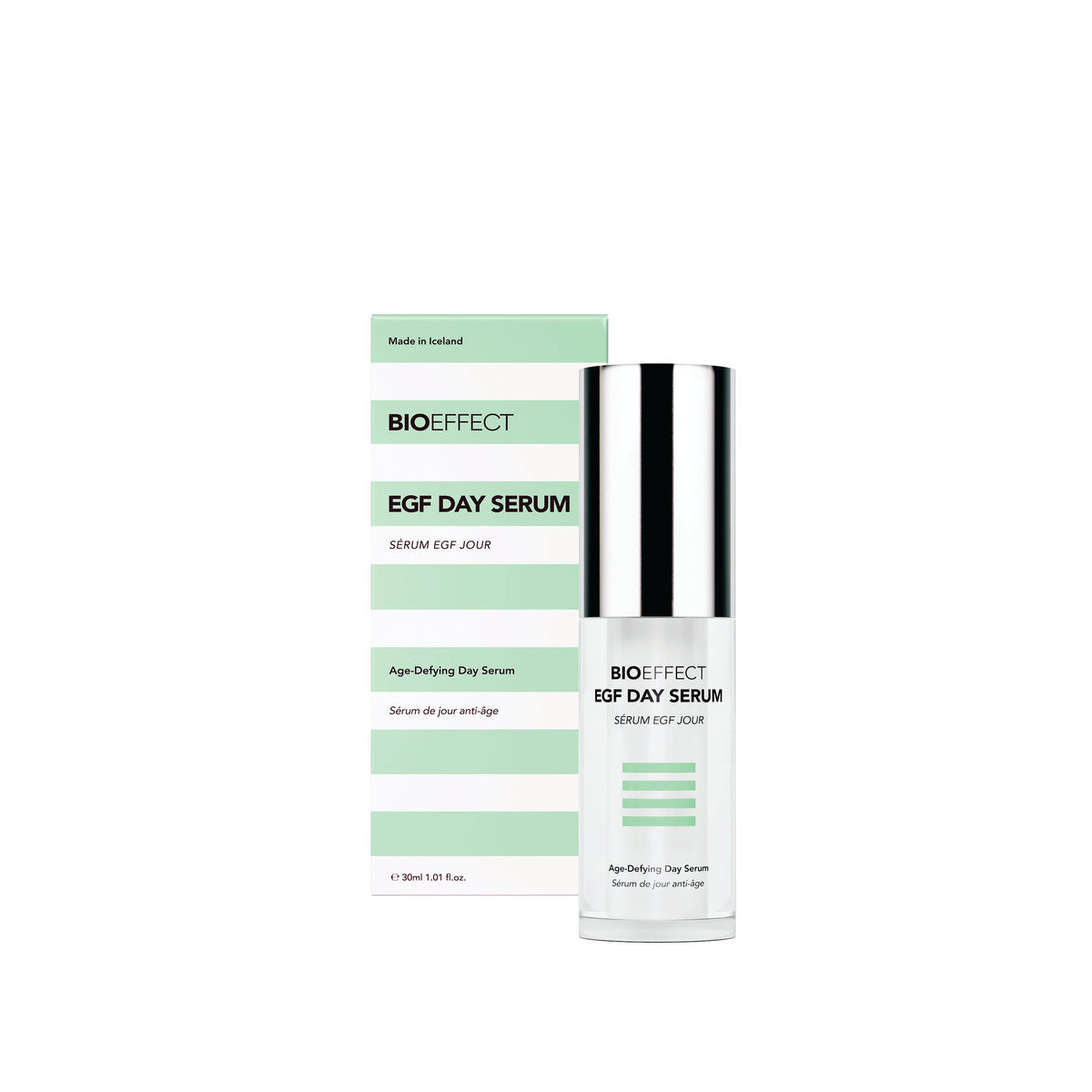 BIO EFFECT EGF Day Serum bottle with a reflective silver cap next to its light green and white product box, set against a plain white background.