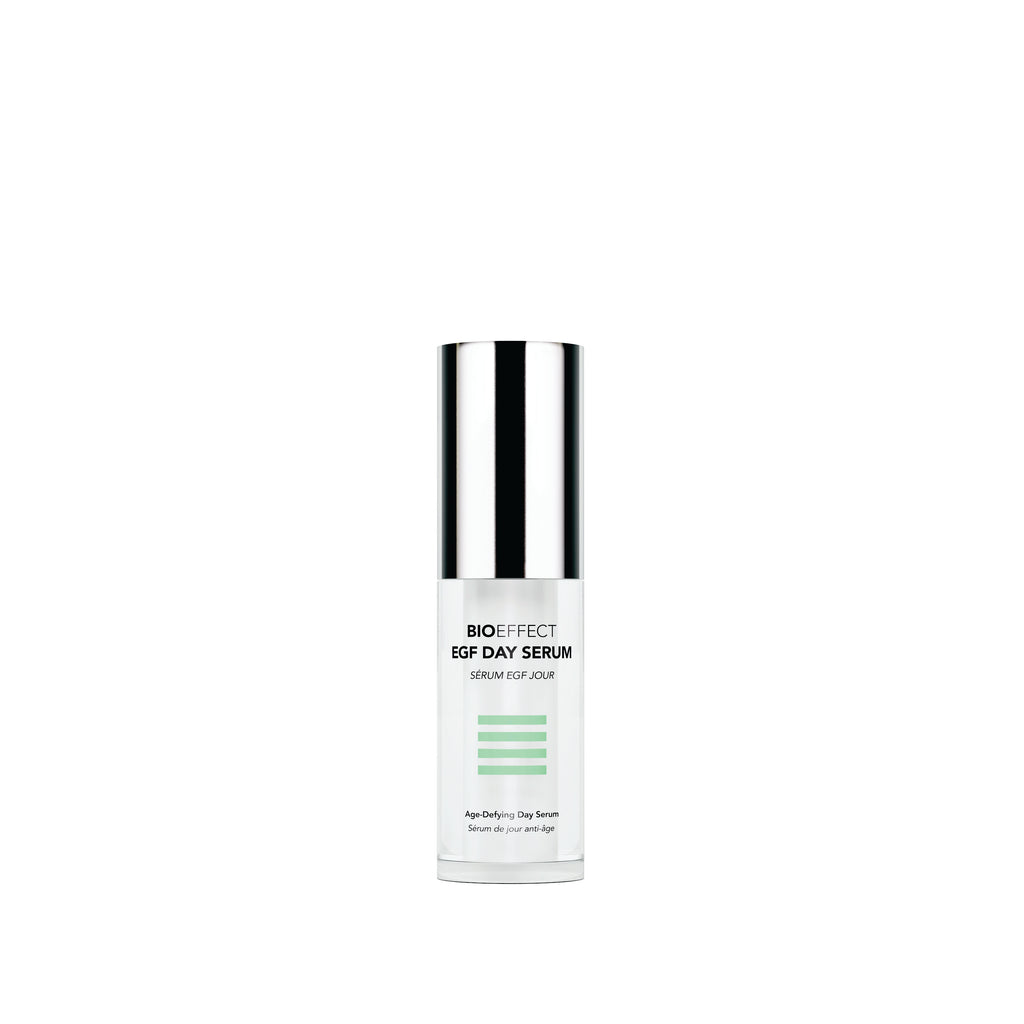 BIOEFFECT EGF Day Serum in a white cylindrical bottle with a reflective silver cap, centered on a plain white background.