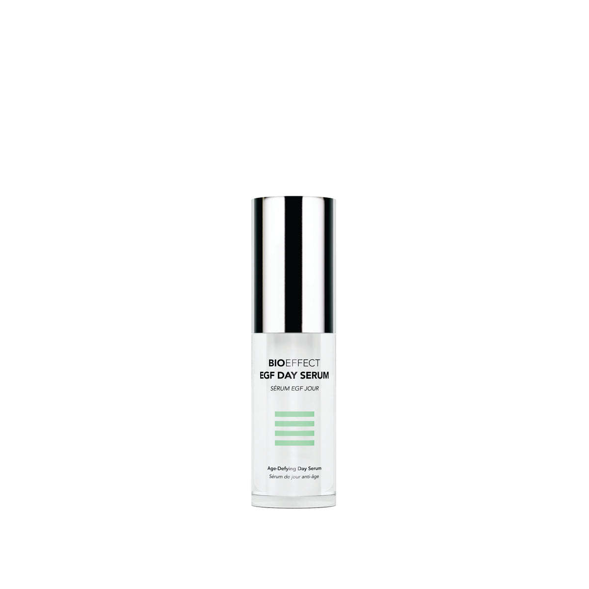 BIOEFFECT EGF Day Serum in a white cylindrical bottle with a reflective silver cap, centered on a plain white background.
