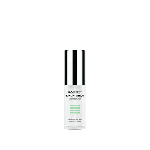 BIOEFFECT EGF Day Serum in a white cylindrical bottle with a reflective silver cap, centered on a plain white background.