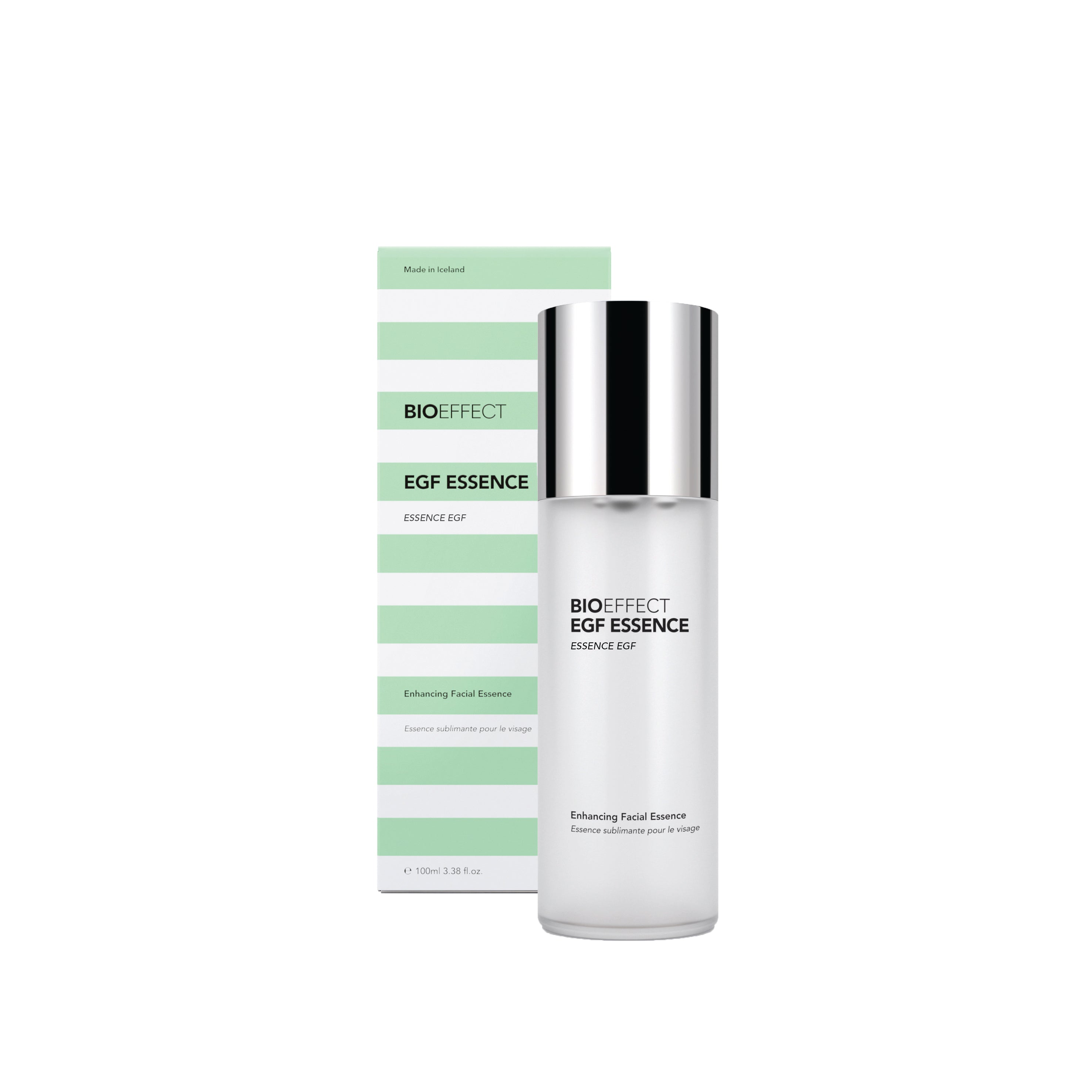 BIOEFFECT EGF ESSENCE Enhancing Facial Essence shown as a white bottle with a reflective silver cap next to its light green and white striped packaging box on a white background.