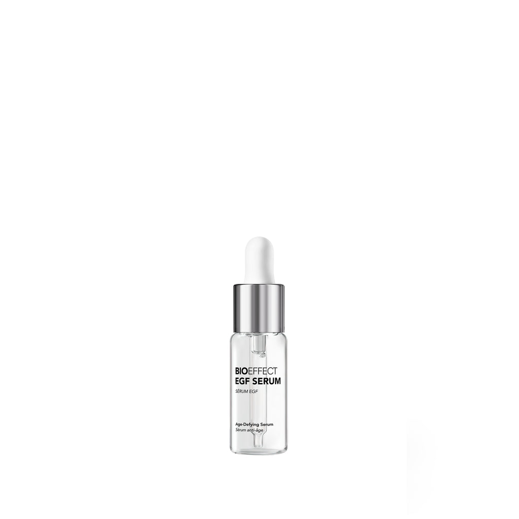 A clear glass dropper bottle of Morphe BioEffect EGF Serum with a silver collar and white dropper cap, centered on a plain white background.