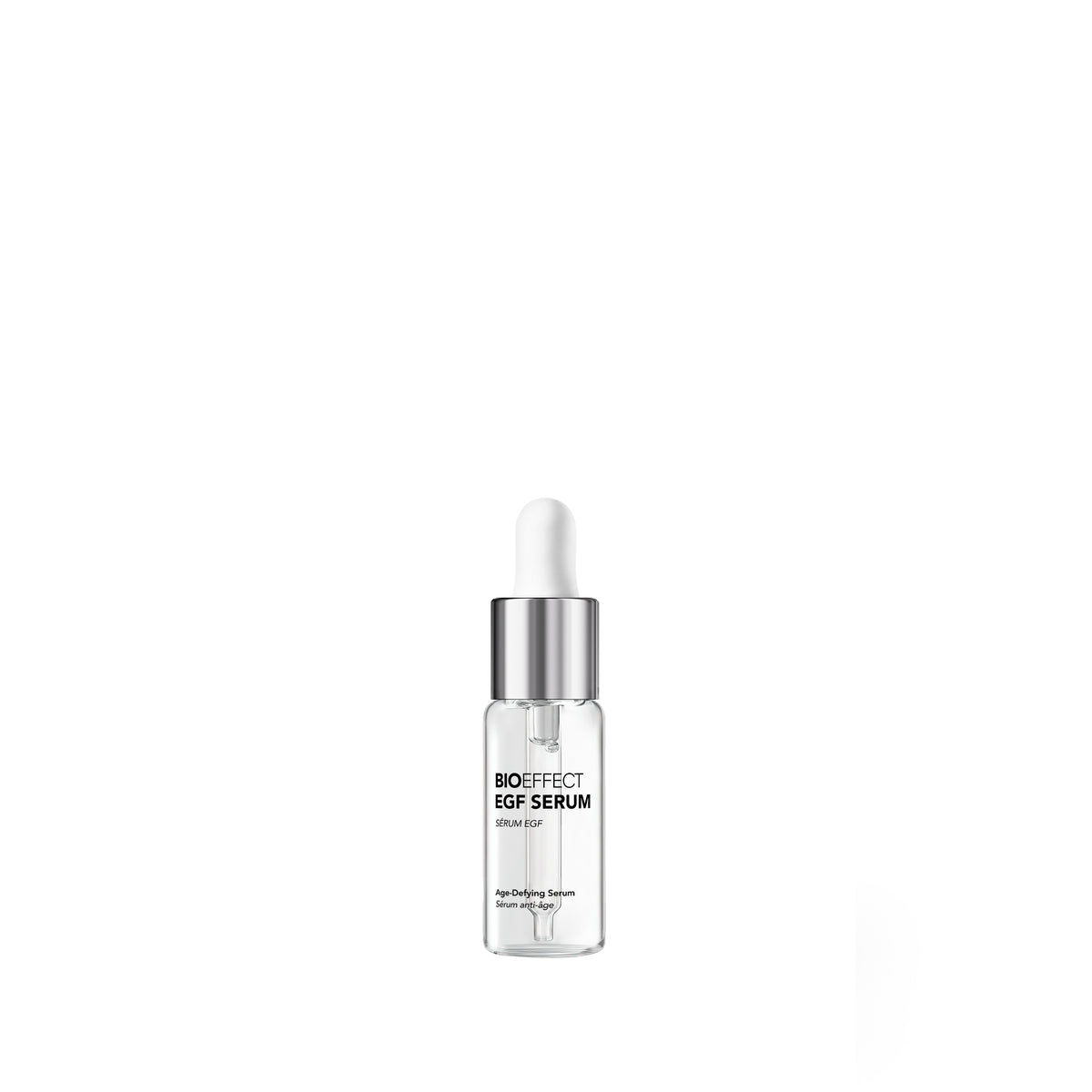 A clear glass dropper bottle of Morphe BioEffect EGF Serum with a silver collar and white dropper cap, centered on a plain white background.