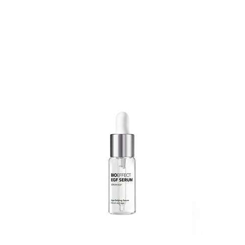 A clear glass dropper bottle of Morphe BioEffect EGF Serum with a silver collar and white dropper cap, centered on a plain white background.