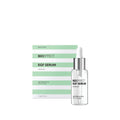 BIOEFFECT EGF Serum shown with its product box. The clear glass dropper bottle has a silver collar and white dropper top, standing next to a white and light green striped box.