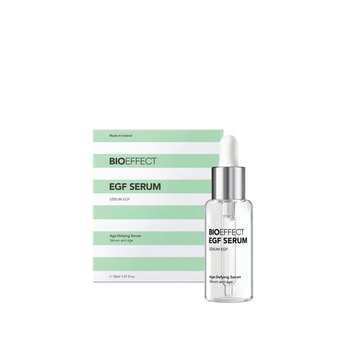 BIOEFFECT EGF Serum shown with its product box. The clear glass dropper bottle has a silver collar and white dropper top, standing next to a white and light green striped box.