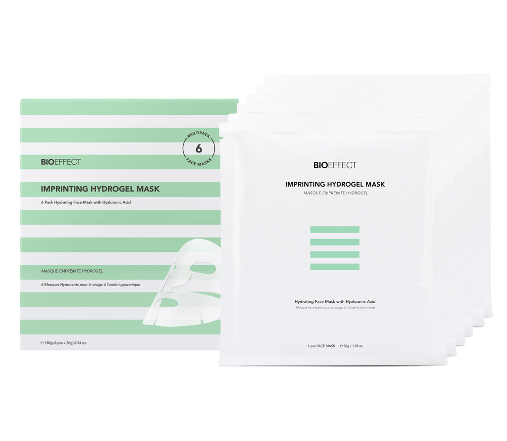 BIO:EFFECT Imprinting Hydrogel Mask packaging, showing a single box on the left and several individual white mask packets fanned out on the right, with light green horizontal stripes and black text.