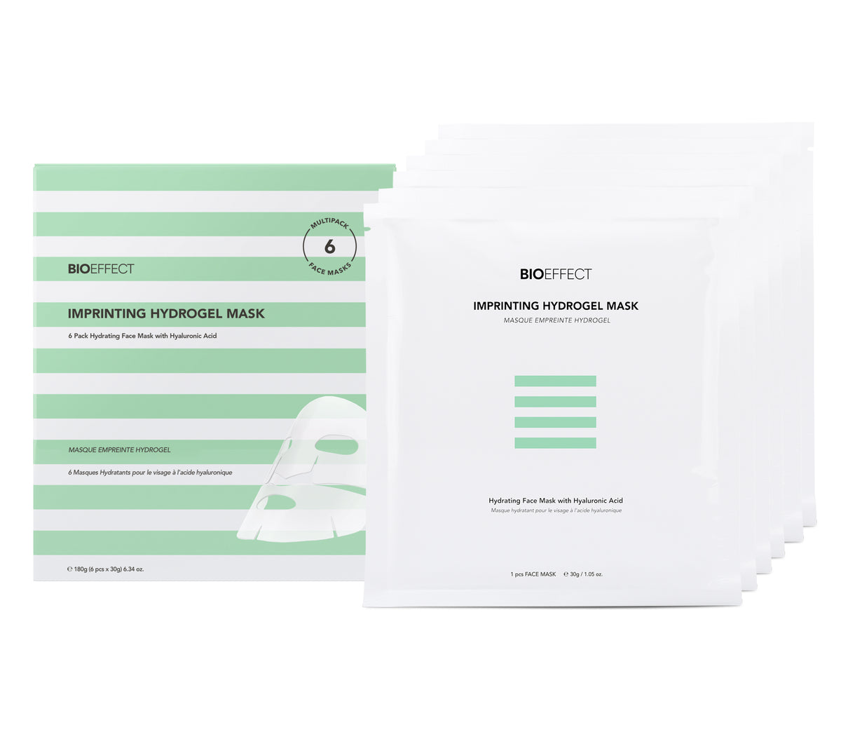 BIO:EFFECT Imprinting Hydrogel Mask packaging, showing a single box on the left and several individual white mask packets fanned out on the right, with light green horizontal stripes and black text.