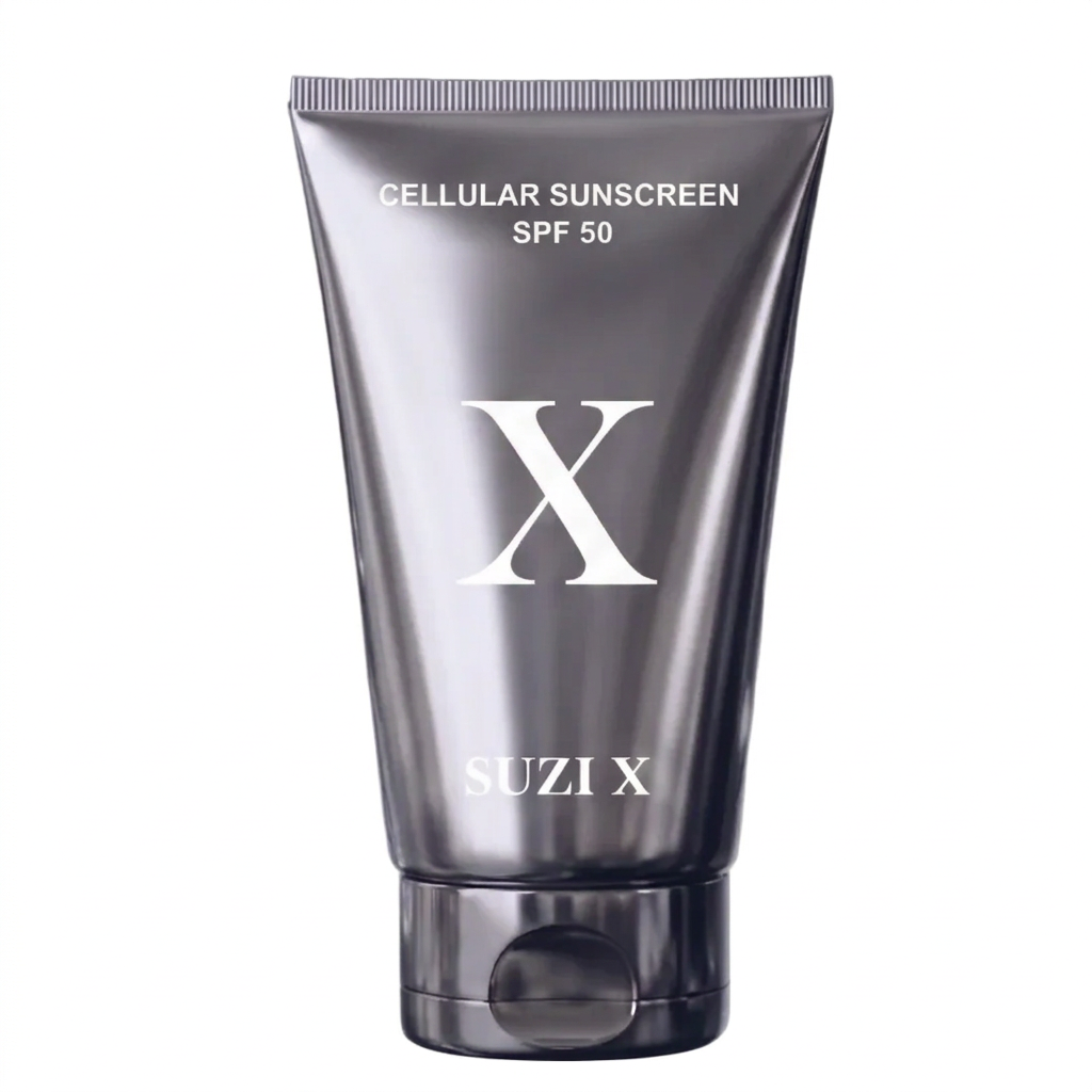 A metallic silver squeeze tube of SUZI X Cellular Sunscreen SPF 50, centered against a gray background with floating water droplets and splash graphics.