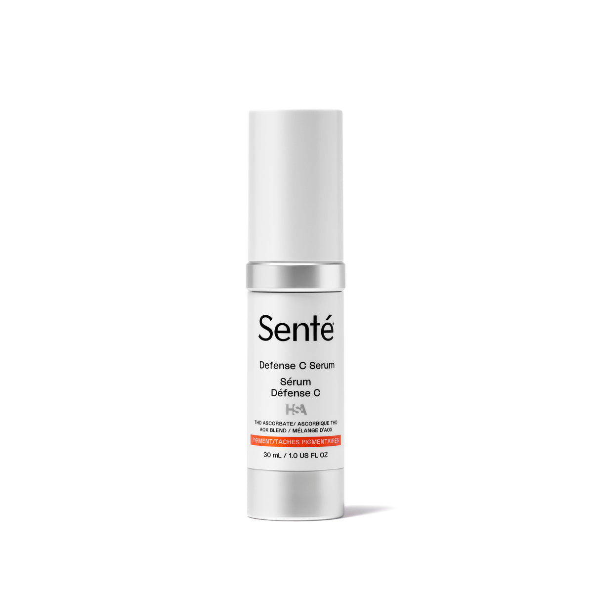 Sente Defense C Serum in a sleek white and silver cylindrical bottle with a white cap, set against a clean white background.