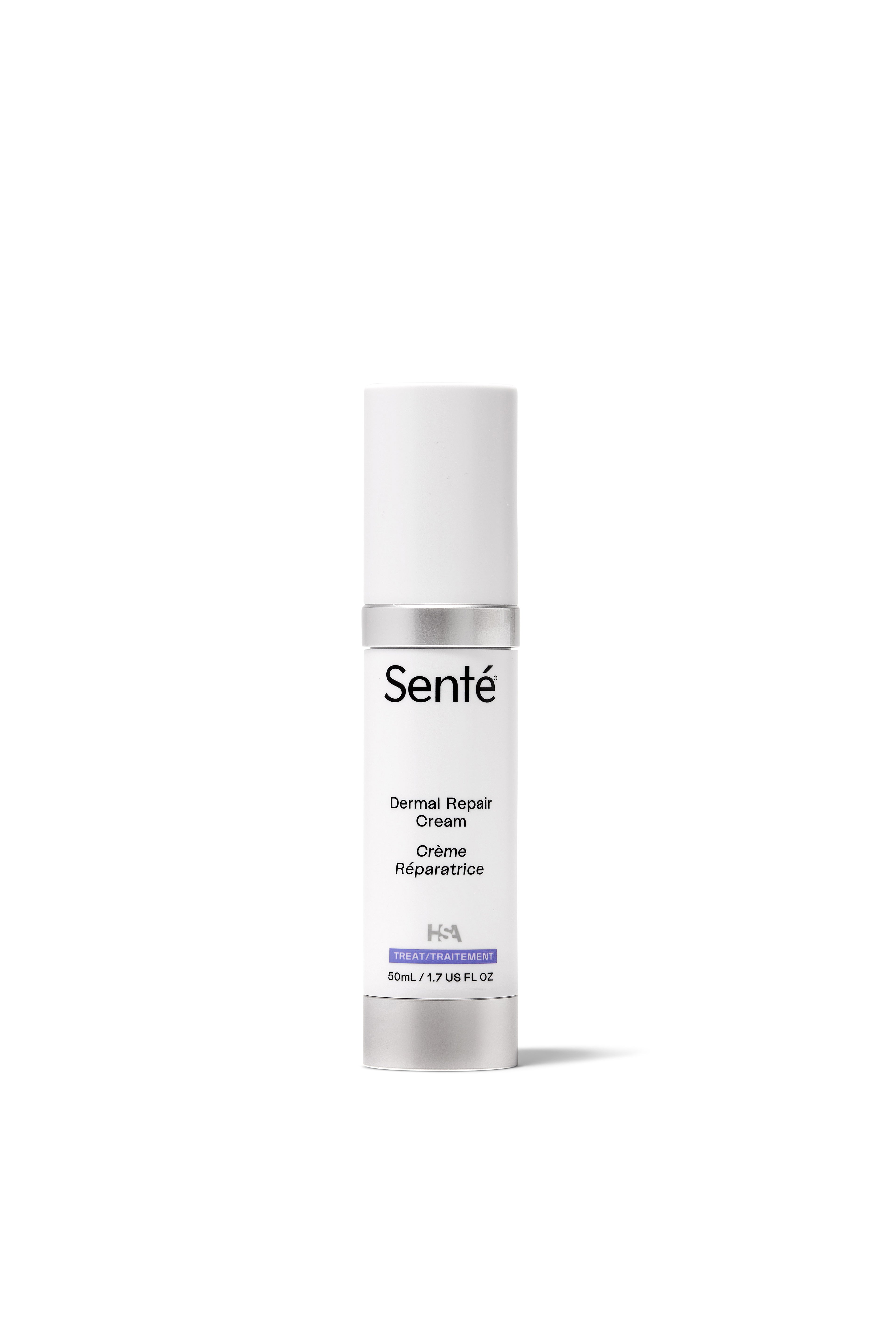 Sente Dermal Repair Cream in a sleek white cylindrical bottle with a silver metallic collar, set against a clean white background.