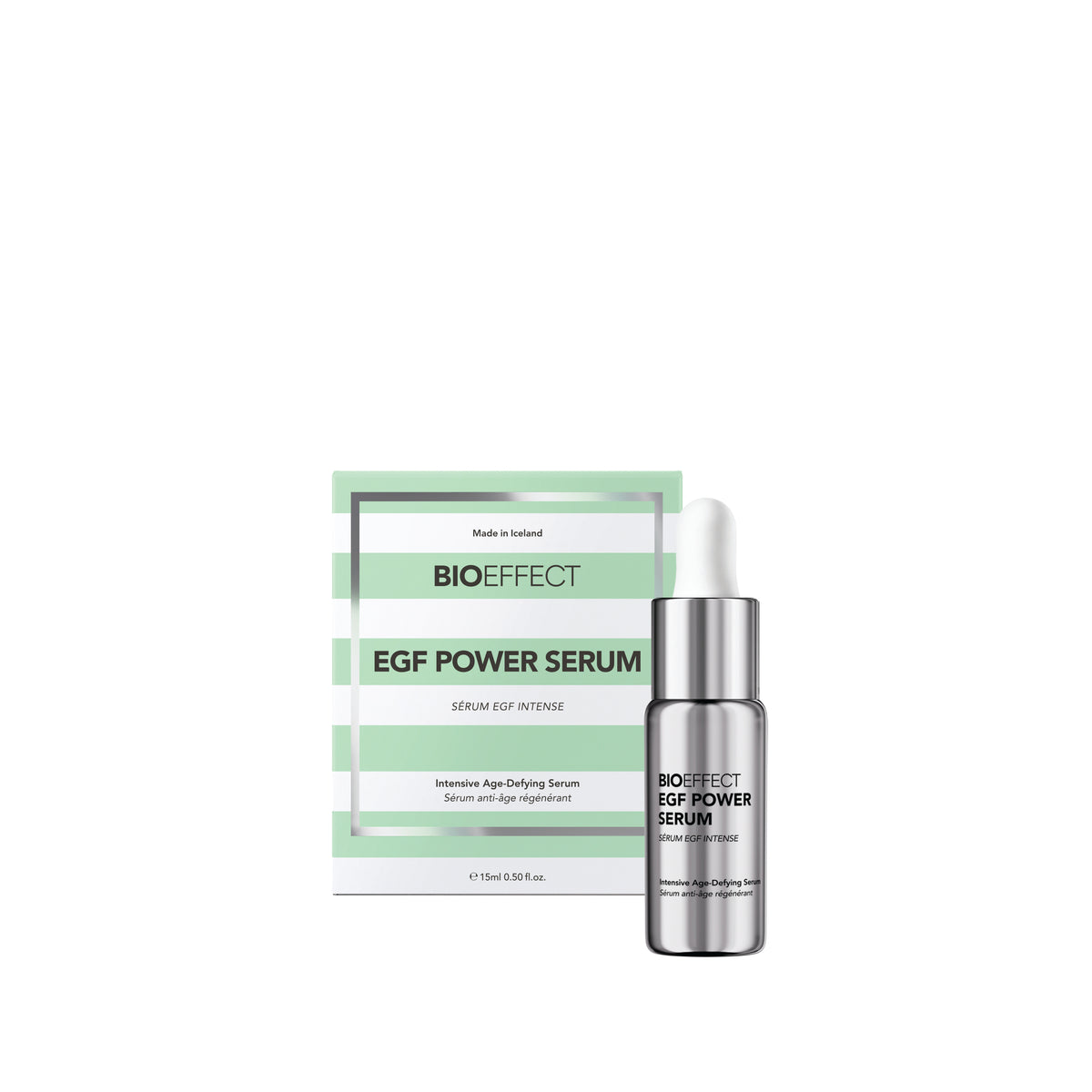 BIO EFFECT EGF Power Serum shown with its retail box and a silver dropper bottle on a plain white background.