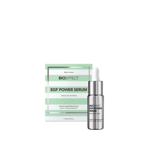 BIO EFFECT EGF Power Serum shown with its retail box and a silver dropper bottle on a plain white background.