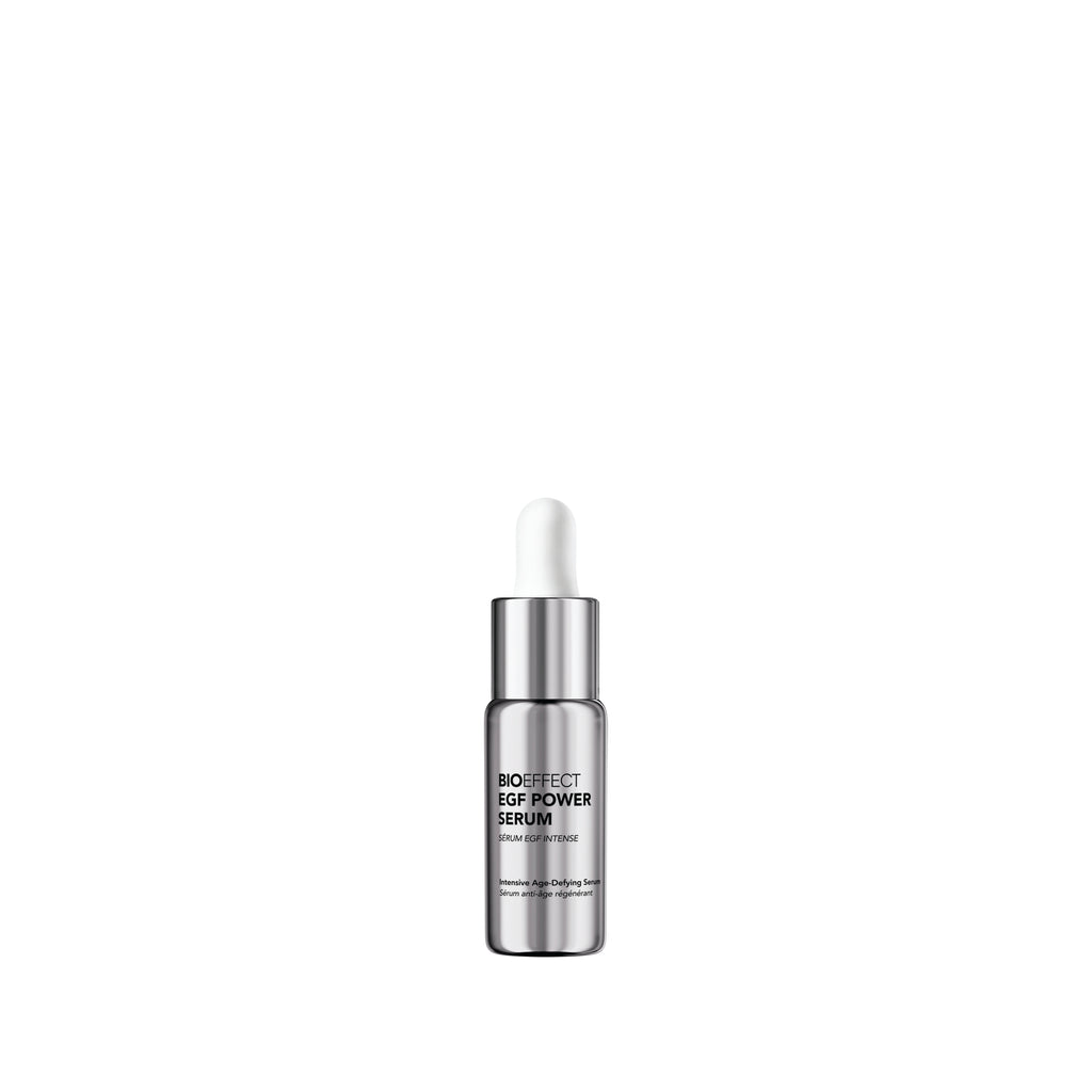 A single bottle of BioCorrect EGF Power Serum on a solid white background, featuring a silver metallic bottle body, a silver collar, and a white dropper cap.