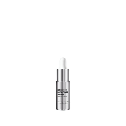 A single bottle of BioCorrect EGF Power Serum on a solid white background, featuring a silver metallic bottle body, a silver collar, and a white dropper cap.