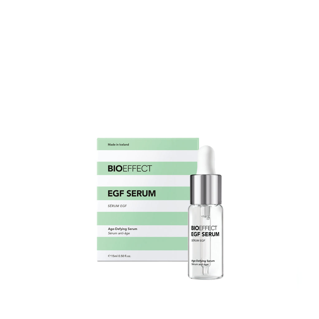 BIOEFFECT EGF Serum age-defying serum shown with its white and light green packaging box and a clear glass dropper bottle with a silver cap on a white background.