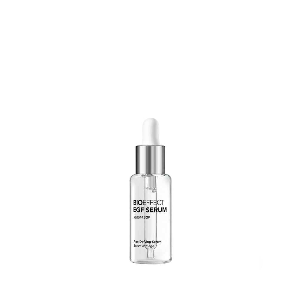 A clear glass dropper bottle of NARS BioEffect EGF Serum with a silver collar and white dropper cap, centered on a plain white background.