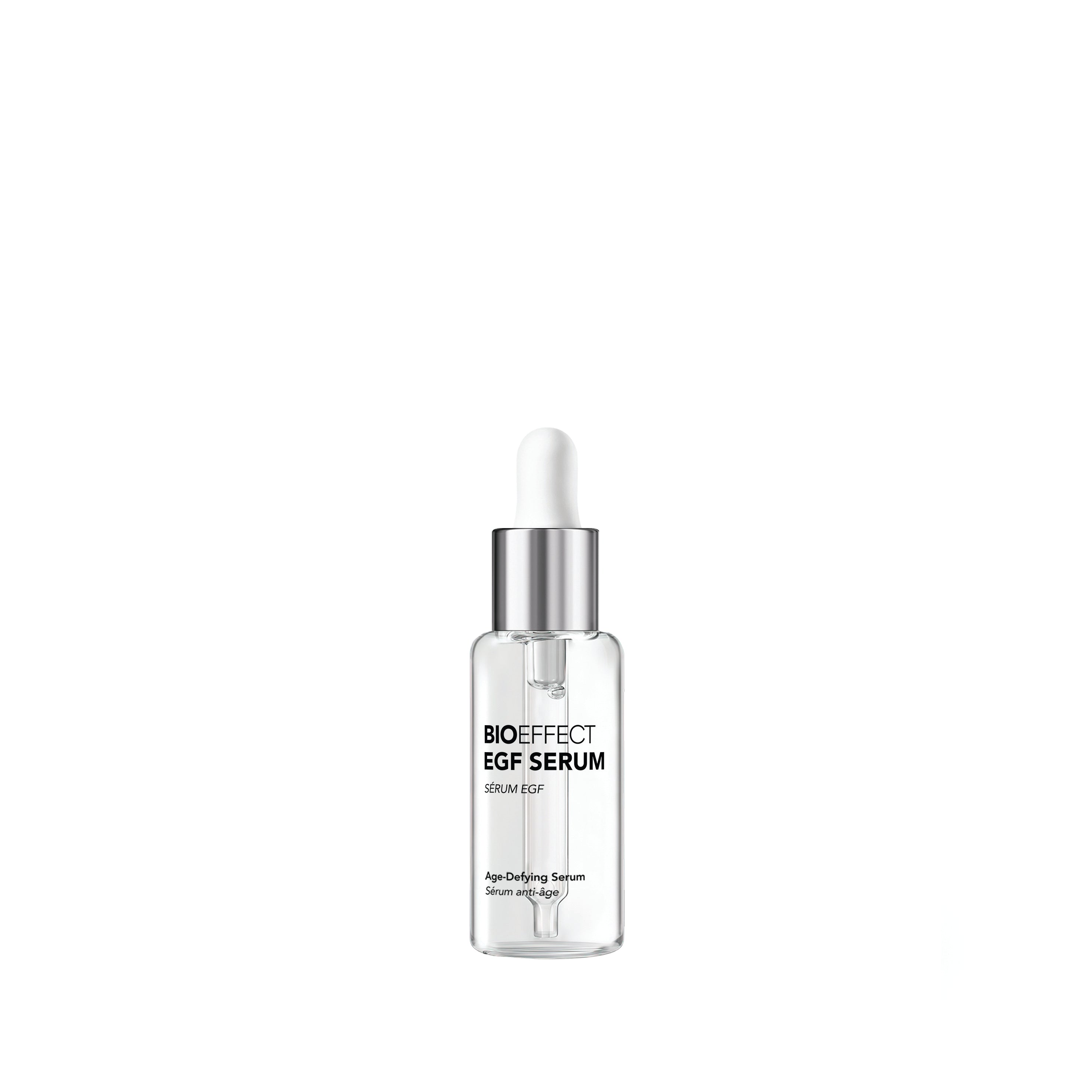 A clear glass dropper bottle of NARS BioEffect EGF Serum with a silver collar and white dropper cap, centered on a plain white background.