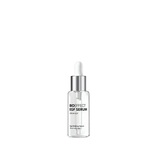 A clear glass dropper bottle of NARS BioEffect EGF Serum with a silver collar and white dropper cap, centered on a plain white background.