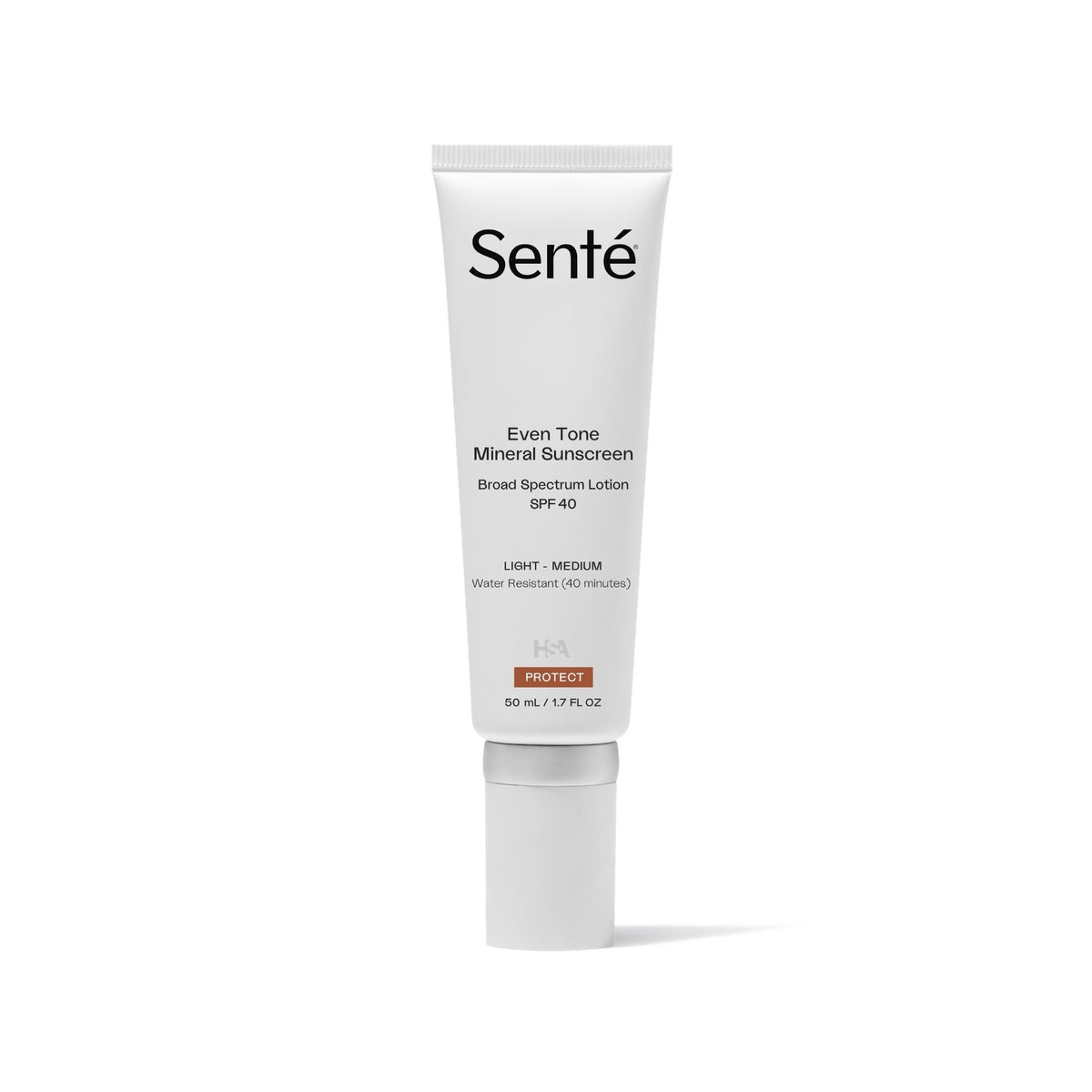 Sente Even Tone Mineral Sunscreen Broad Spectrum Lotion SPF 40 in a white squeeze tube with a matching white cap, shown on a clean white background.