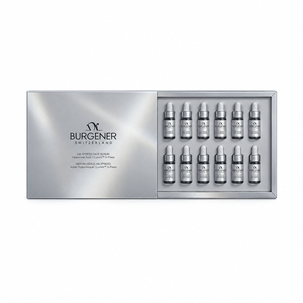Dr Burgener Switzerland skincare product set with bottles and packaging on a light background
