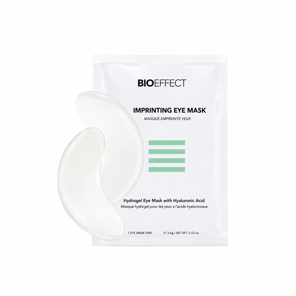 BIOEFFECT Imprinting Eye Mask package with two translucent white eye patch sheets displayed in front of a white pouch on a light gray background.