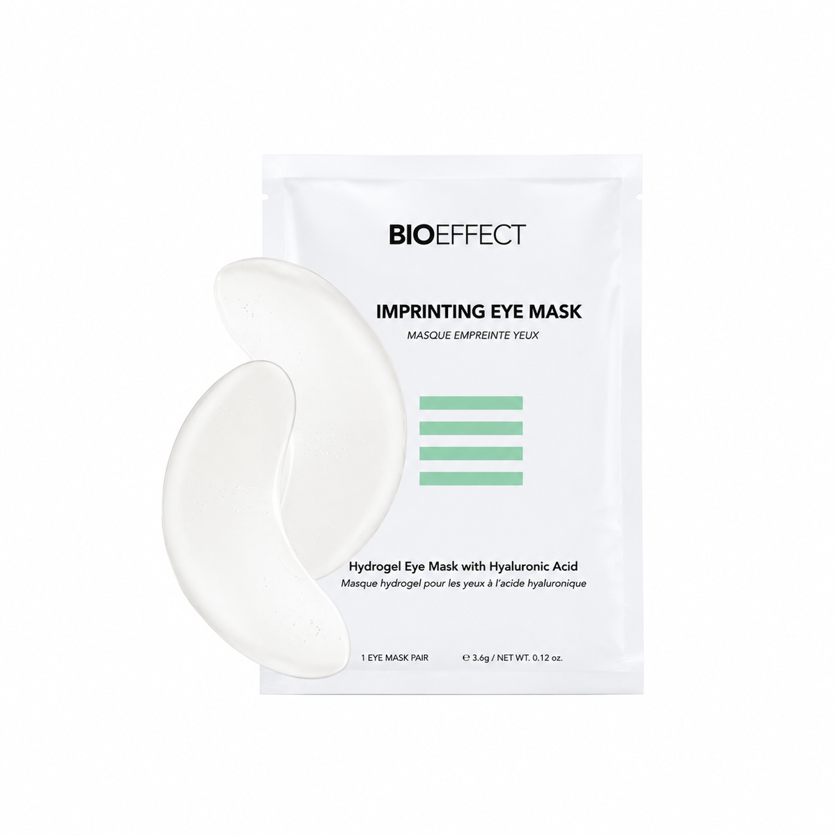BIOEFFECT Imprinting Eye Mask package with two translucent white eye patch sheets displayed in front of a white pouch on a light gray background.