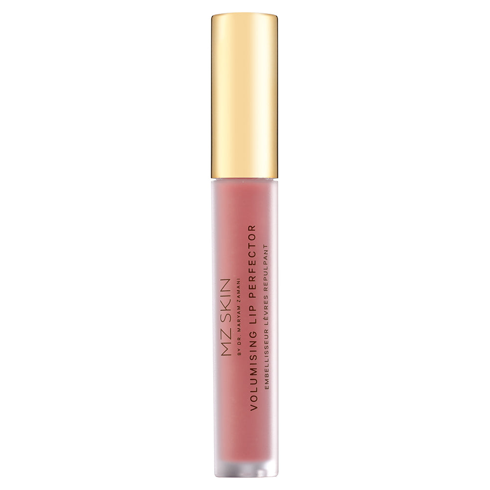 MZ SKIN Volumising Lip Perfector liquid lip color in a clear tube showing a dusty rose pink shade, topped with a metallic gold cap, on a white background.