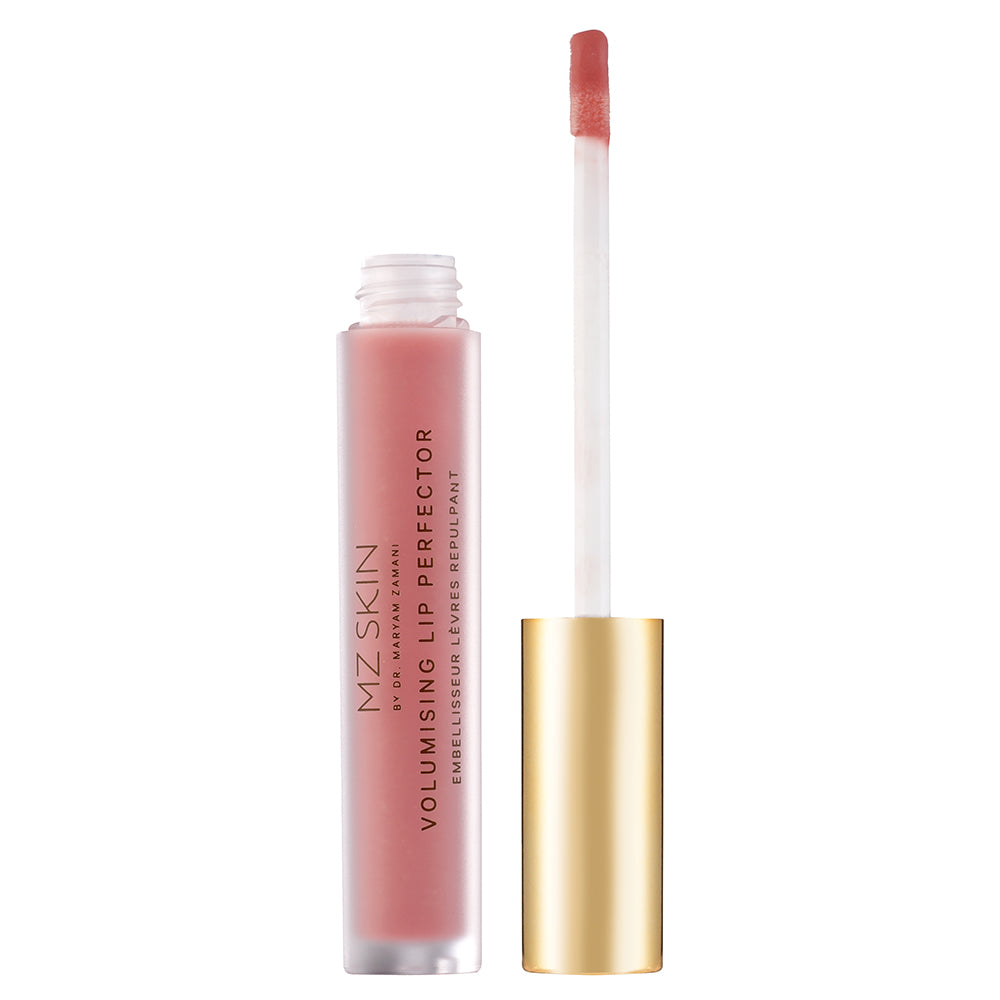 MZ Skin volumising lip erector with pink lip gloss on a white background