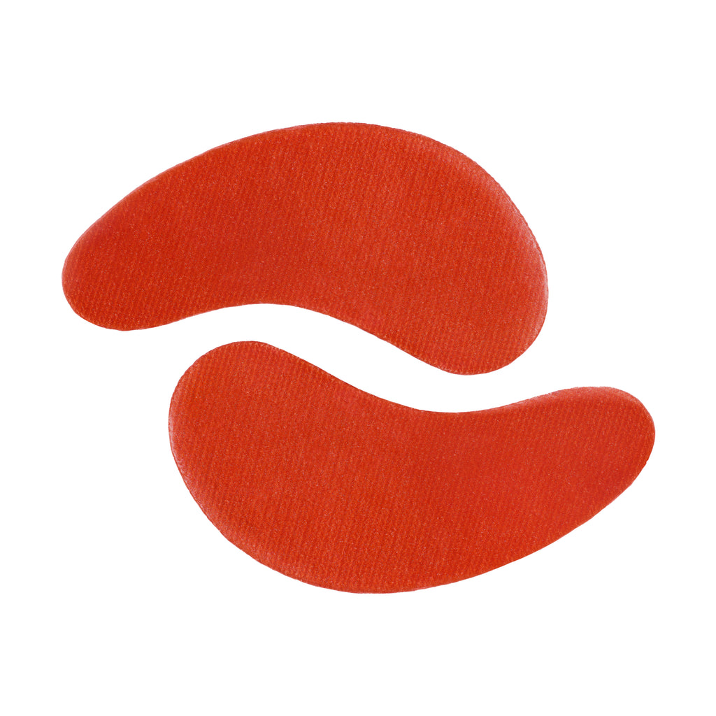 Two curved red eye patch pads with a textured fabric surface, arranged on a plain white background.