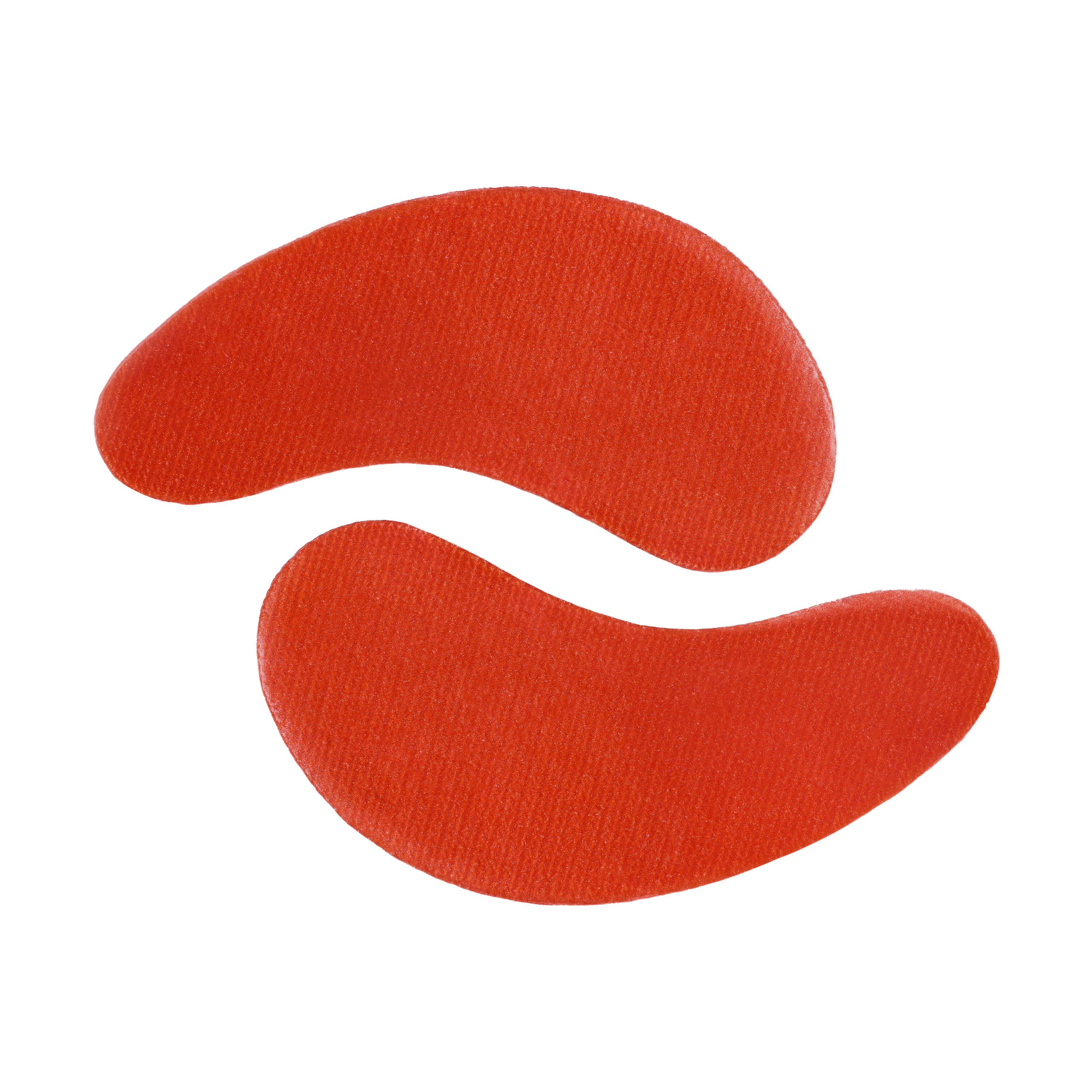 Two curved red eye patch pads with a textured fabric surface, arranged on a plain white background.