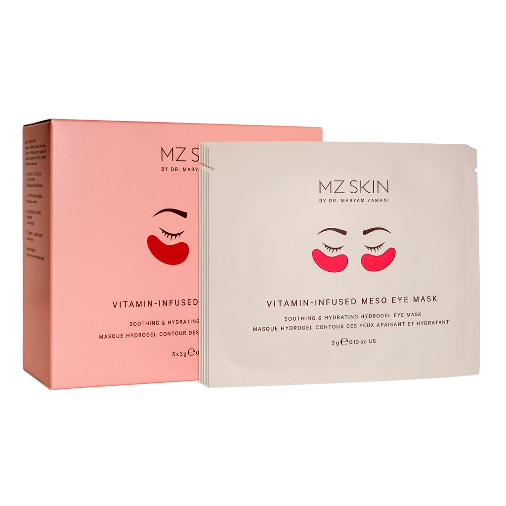 MZ Skin Vitamin-Infused Meso Eye Mask packaging, showing a pink outer box and a white single-use mask packet with red eye mask illustrations, on a white background.