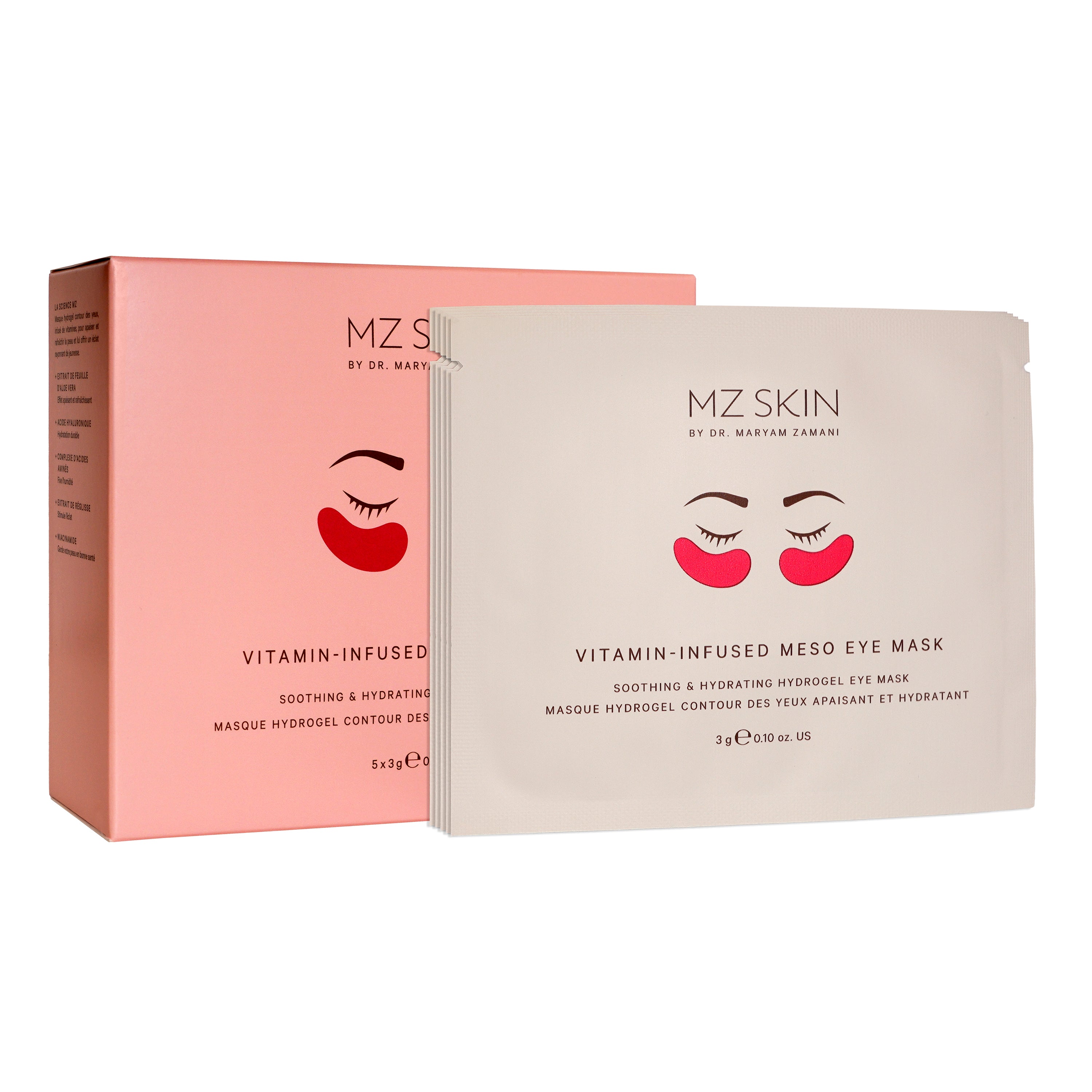 MZ Skin Vitamin-Infused Meso Eye Mask packaging, showing a pink outer box and a white single-use mask packet with red eye mask illustrations, on a white background.