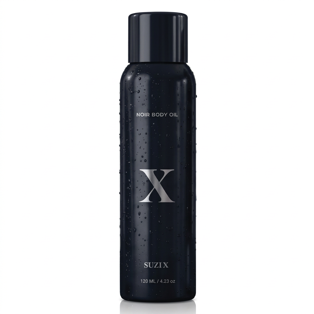 A black cylindrical bottle of Suzix Noir Body Oil with a silver 'X' logo, shown against a metallic gray background with abstract curved glass tubes.