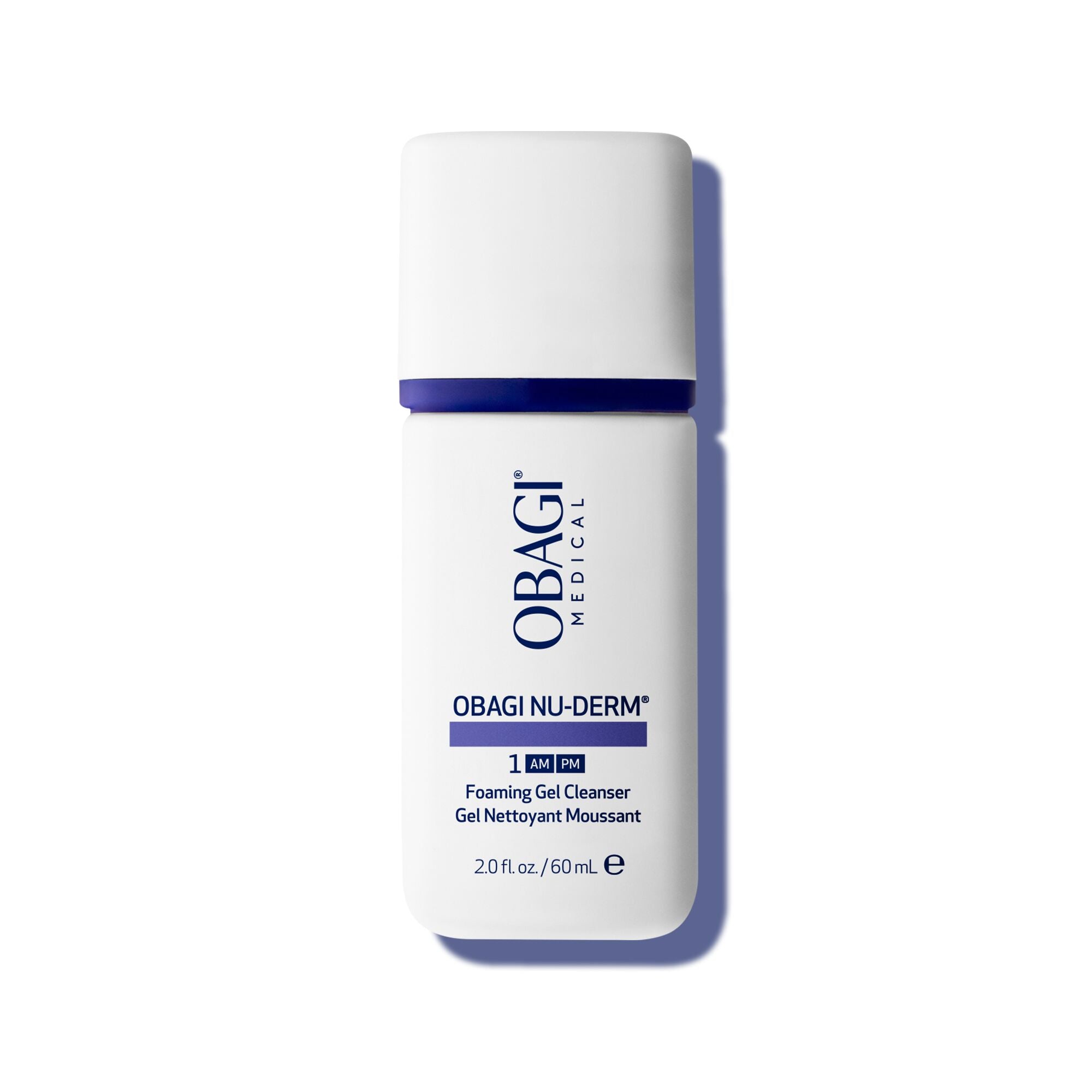 A white bottle of Obagi Medical Obagi Nu-Derm Foaming Gel Cleanser with a white cap and dark blue text and accents, set against a clean white background with a soft shadow.