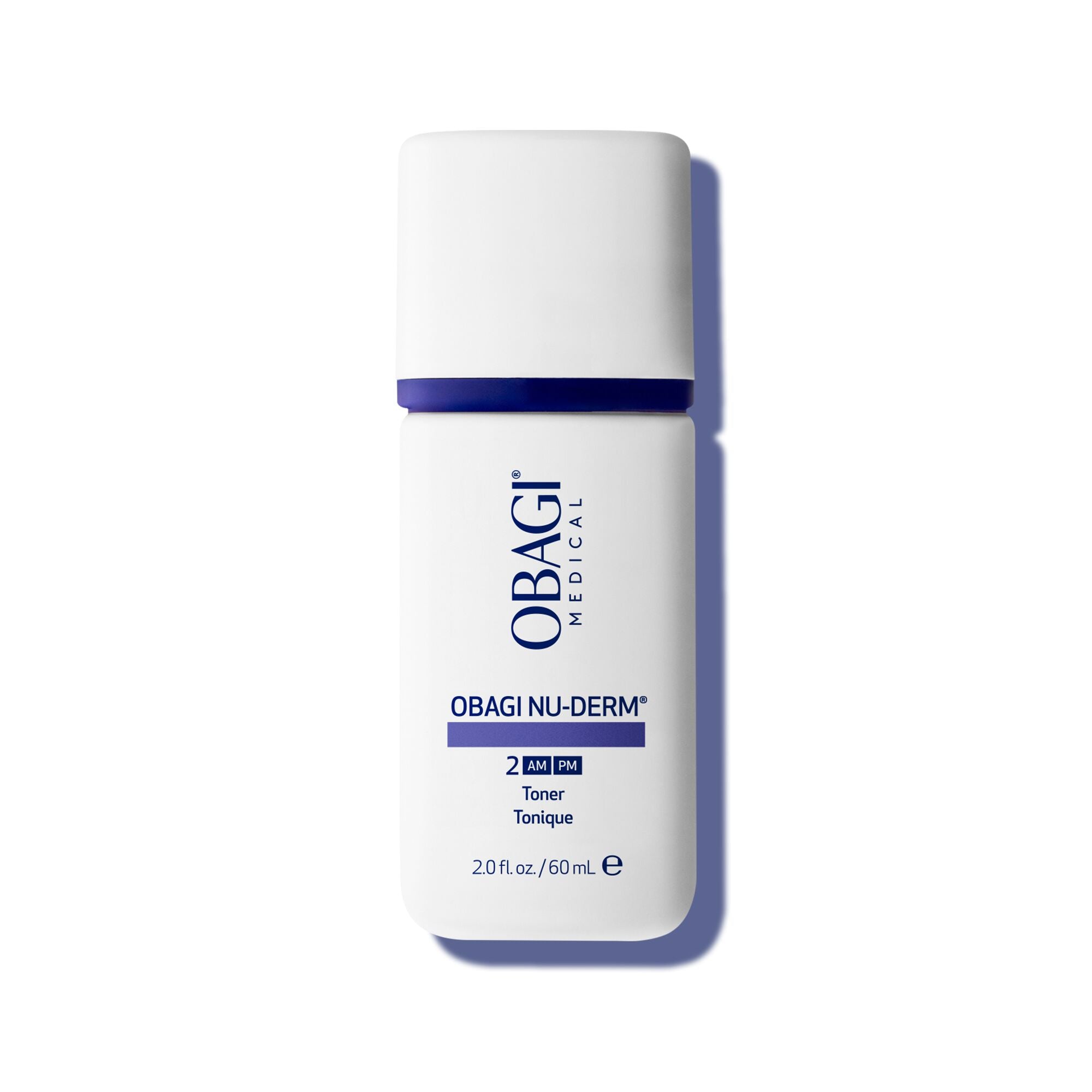 A white bottle of Obagi Medical Obagi Nu-Derm Toner with dark blue text and accents, set against a clean white background with a soft shadow.